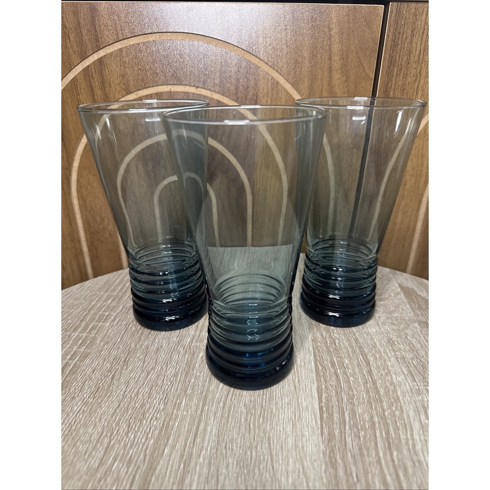 3 Libbey Nexus Blue Cooler Glasses Set Flair Rippled Base Drinking Tumblers Lot